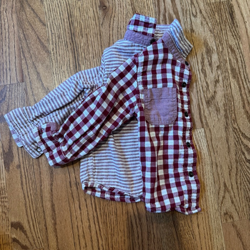 Red and White Plaid and Striped Snap Shirt - reversible, two in one! - 18 month